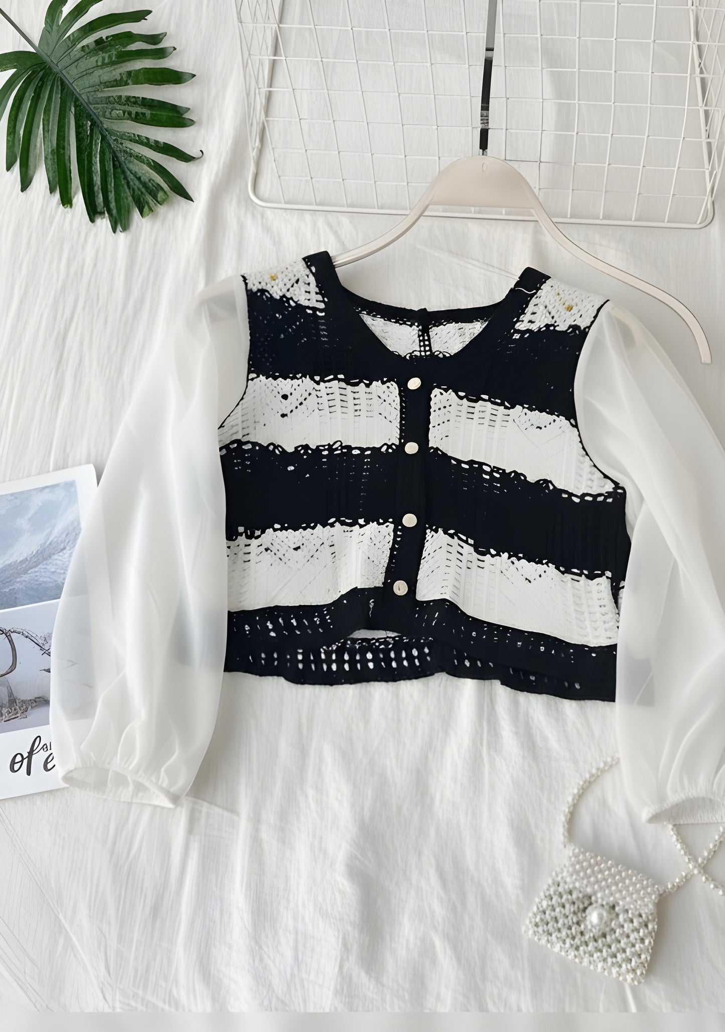 The 'Monochrome Mesh' Crocheted Cardigan Top