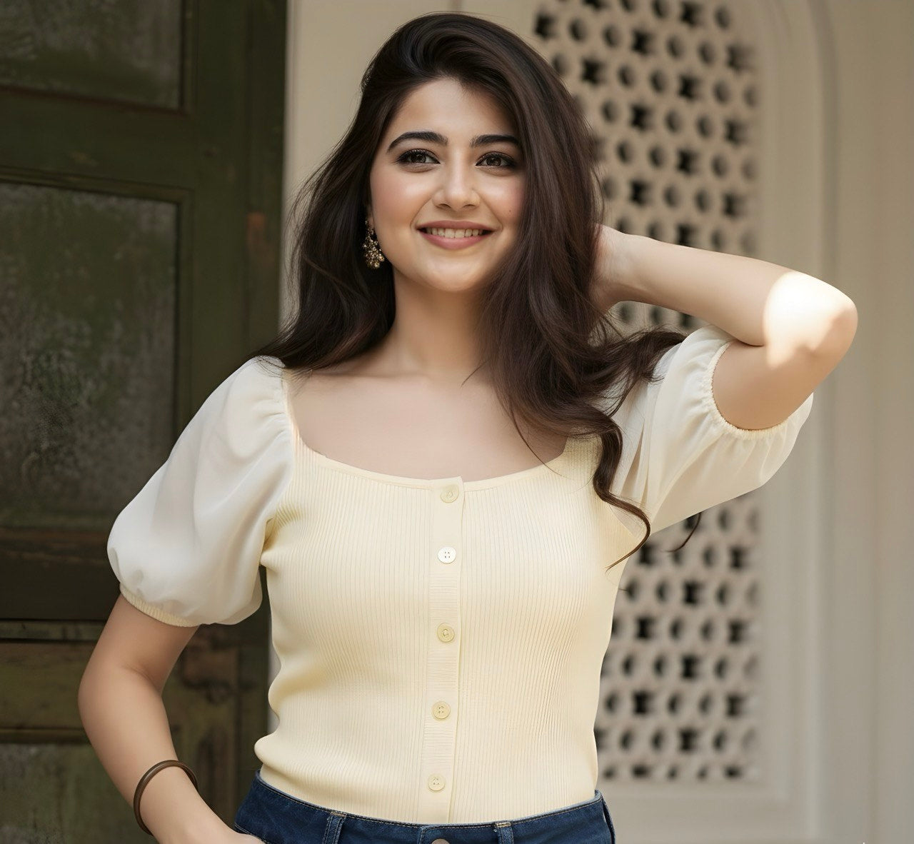 The 'Sweetheart Puff' Ribbed Button-Down Top