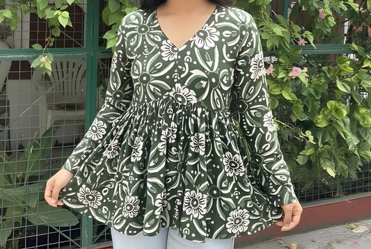 The "Forest Bloom" Printed Peplum Short Kurti