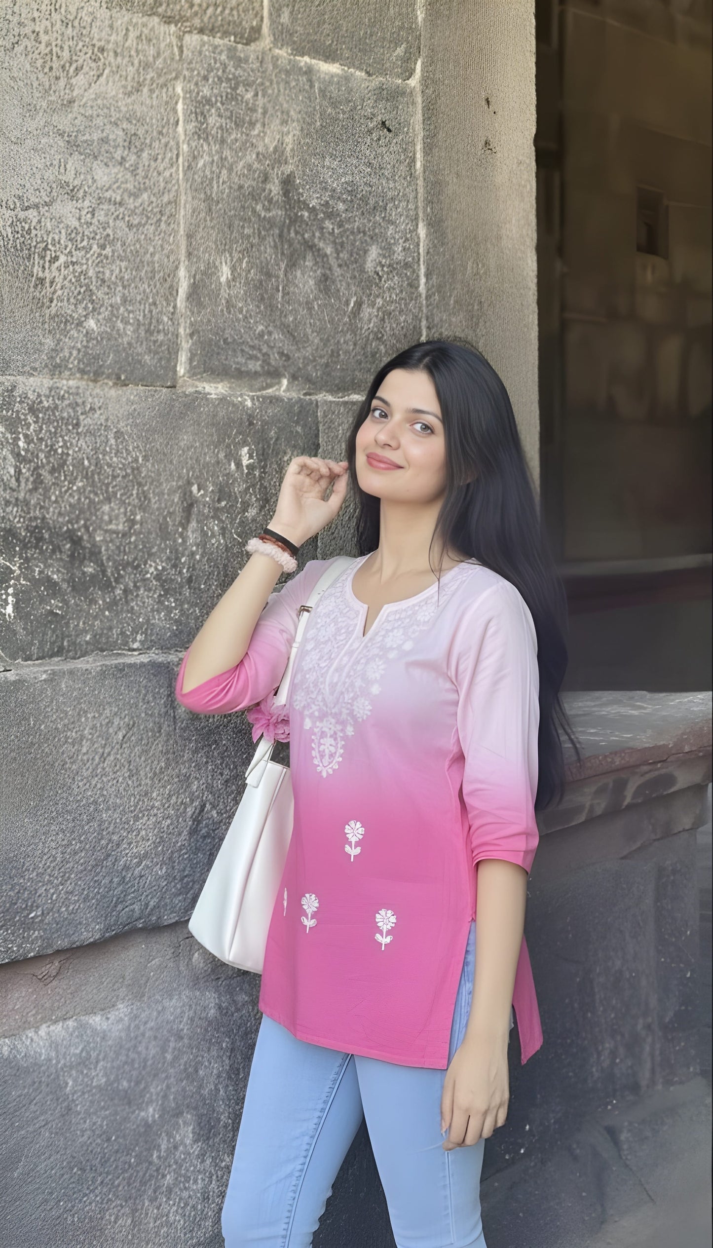 The 'Sunset Pink' Ombre Embroidered Tunic Short Kurti