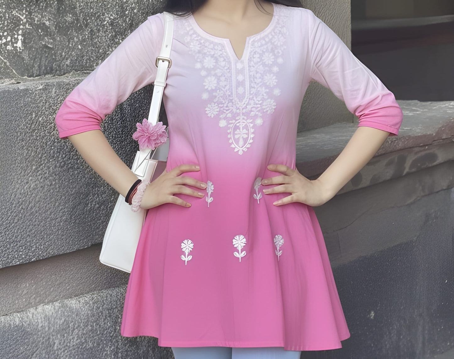 The 'Sunset Pink' Ombre Embroidered Tunic Short Kurti