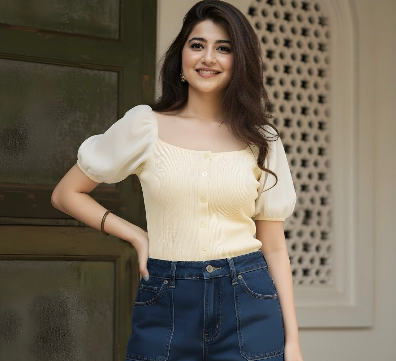 The 'Sweetheart Puff' Ribbed Button-Down Top