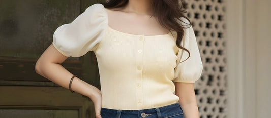 The 'Sweetheart Puff' Ribbed Button-Down Top