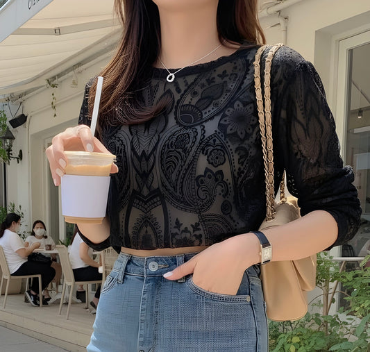 The "Paisley Noir" Mesh Crop Top