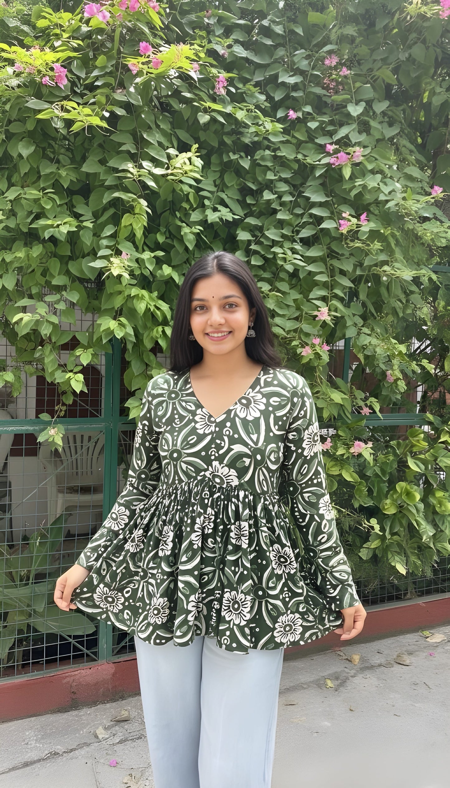 The "Forest Bloom" Printed Peplum Short Kurti