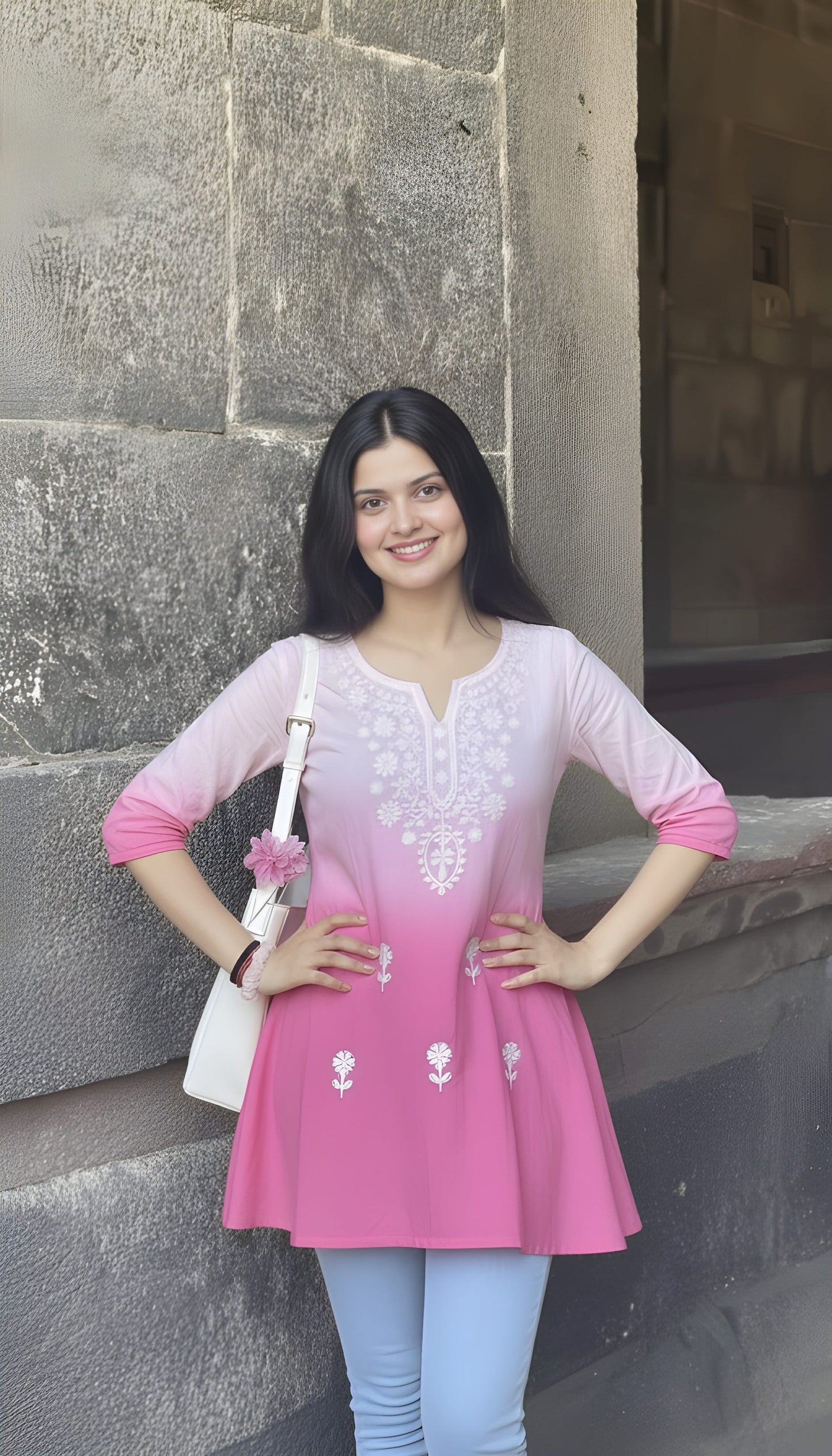 The 'Sunset Pink' Ombre Embroidered Tunic Short Kurti