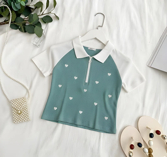 The 'Sweetheart Polo' Ribbed Zipper Top