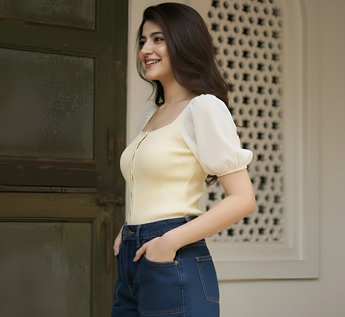 The 'Sweetheart Puff' Ribbed Button-Down Top