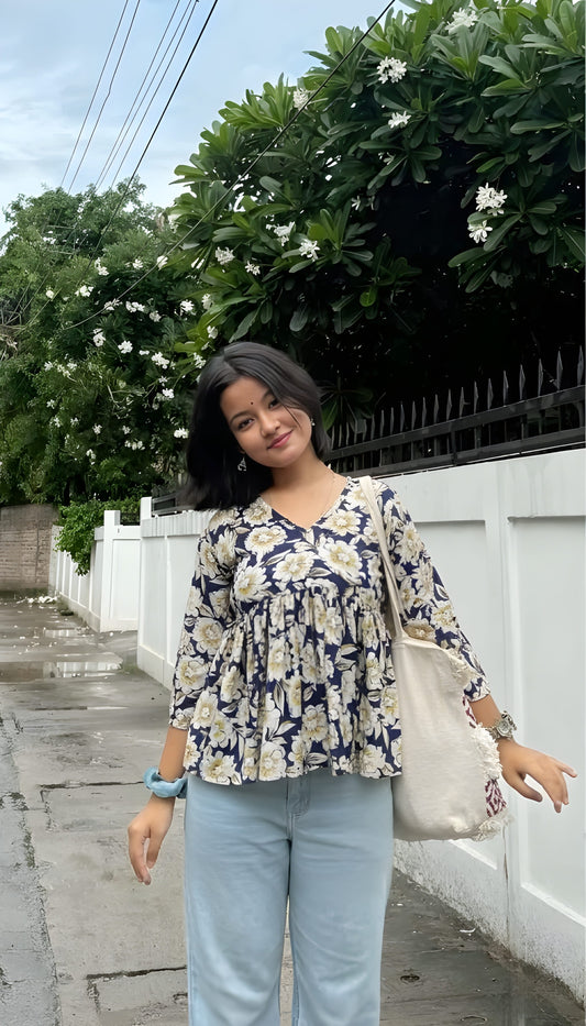The 'Meadow Bloom' Floral Peplum Short Kurti