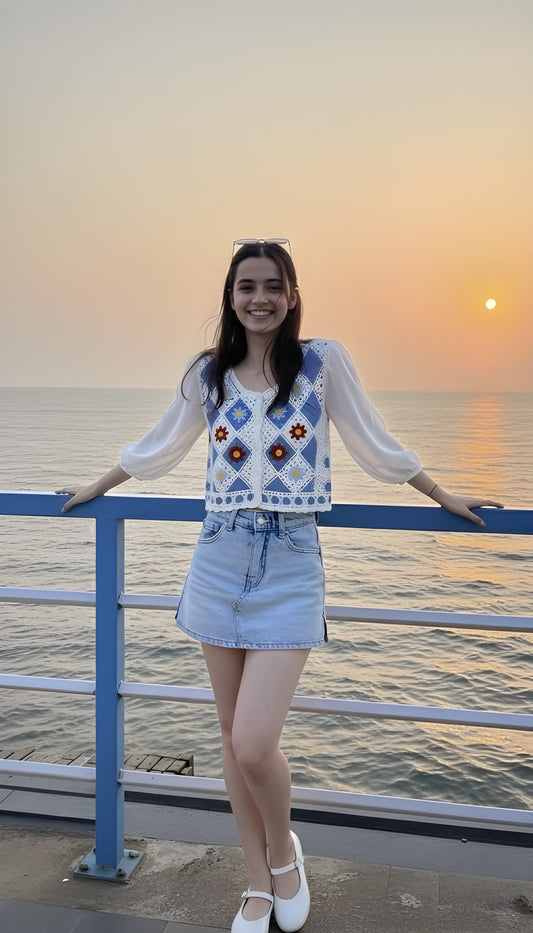 The 'Ocean Sunset' Floral Crochet Vest & Blouse Set