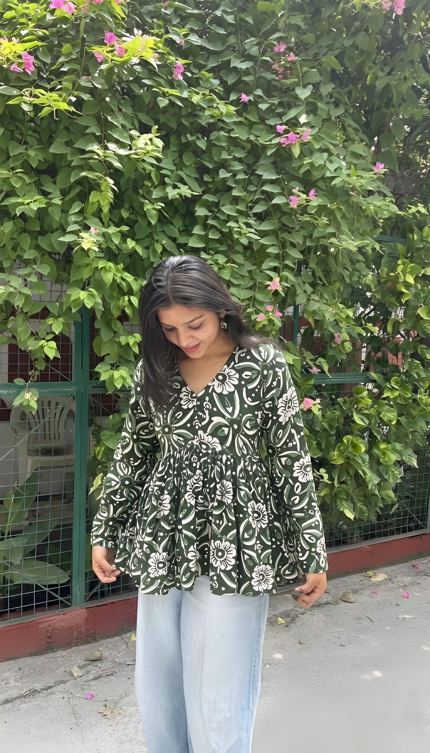 The "Forest Bloom" Printed Peplum Short Kurti