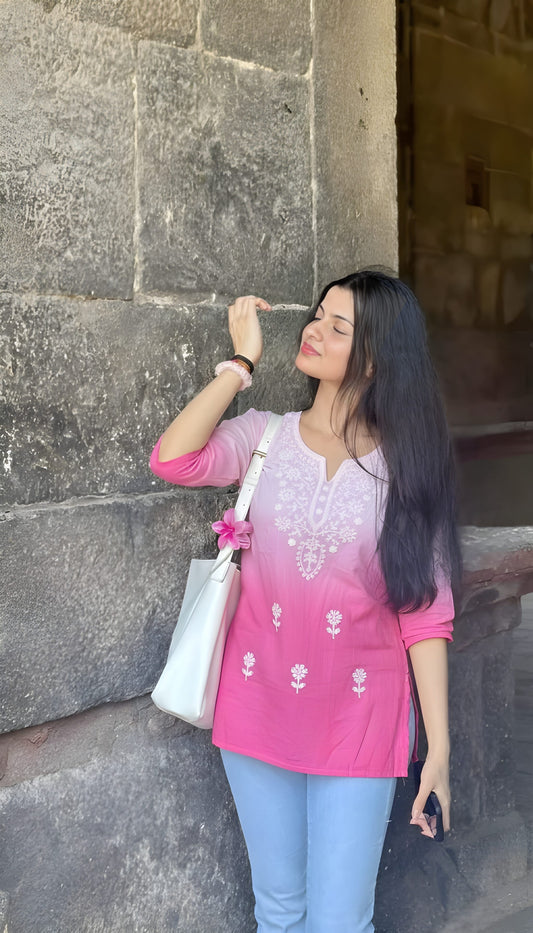 The 'Sunset Pink' Ombre Embroidered Tunic Short Kurti