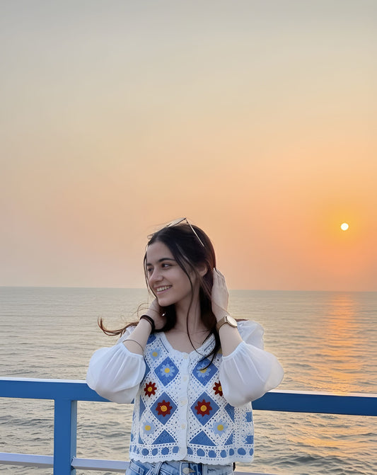 The 'Ocean Sunset' Floral Crochet Vest & Blouse Set